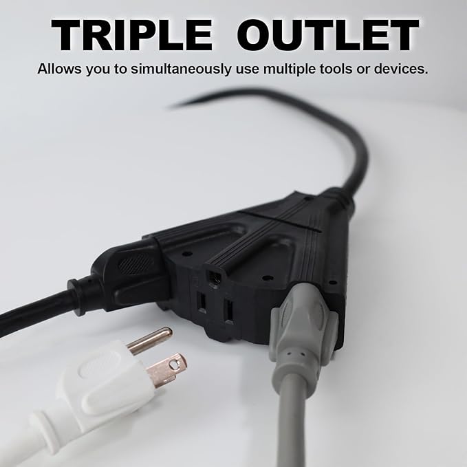 EP 6 Ft Outdoor Extension Cord with 3 Electrical Power Outlets - 16/3 SJTW Black Cable with 3 Prong Grounded Plug for Safety Great for Christmas Lights, Garden and Major Appliances