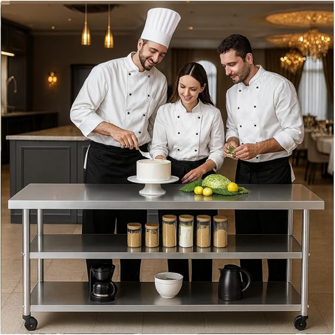 Stainless Steel Table with Wheels for Food Preparation and Work, Multi-Size Optional, Three-Layer Variable Two-Layer Metal Commercial Workbench Outdoor, Restaurant, Kitchen (72" Lx24 Wx34 H)
