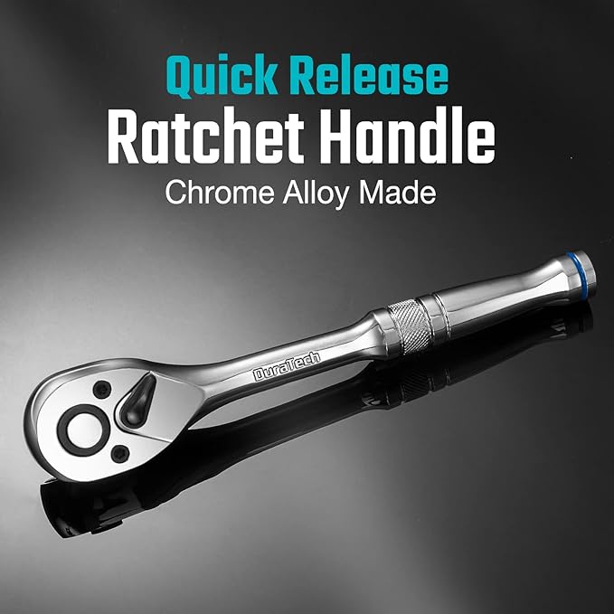 DURATECH 3/8-Inch Drive Ratchet, Quick-Release Ratchet Wrench, 72-Tooth, Reversible Switch, Full-Polished Chrome Plating, Alloy Steel