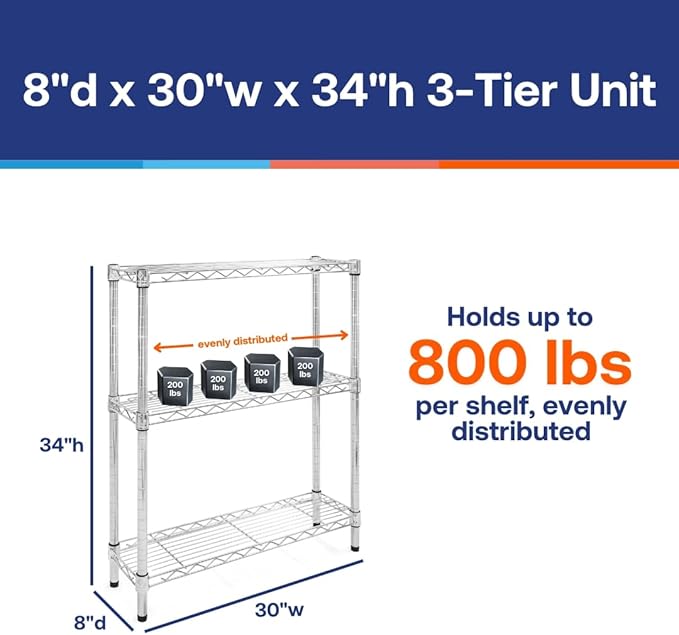 Shelving Inc. 8" d x 30" w x 34" h Chrome Wire Shelving with 3 Tier Shelves, Weight Capacity 800lbs, Evenly Distributed
