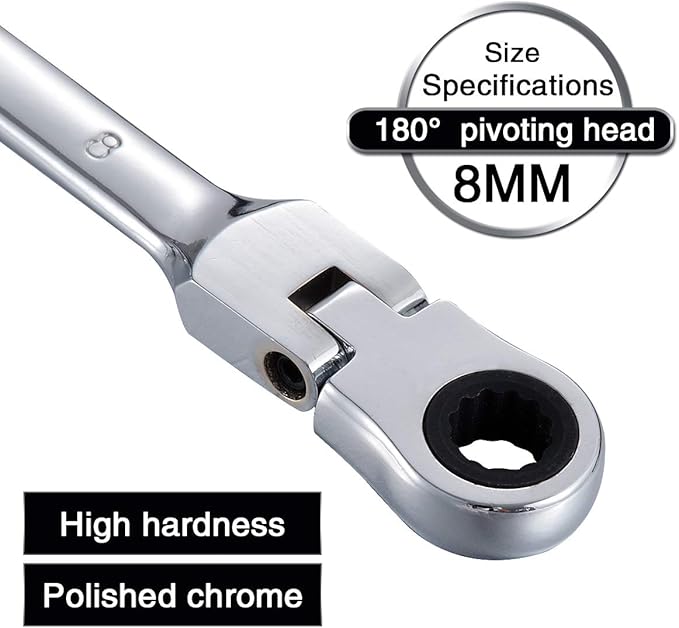 KATUR 8mm Ratcheting Wrench Set Flexible Pivoting Head Ratchet Combination Spanner Wrench Chrome Vanadium Steel Metric Tool (8mm)