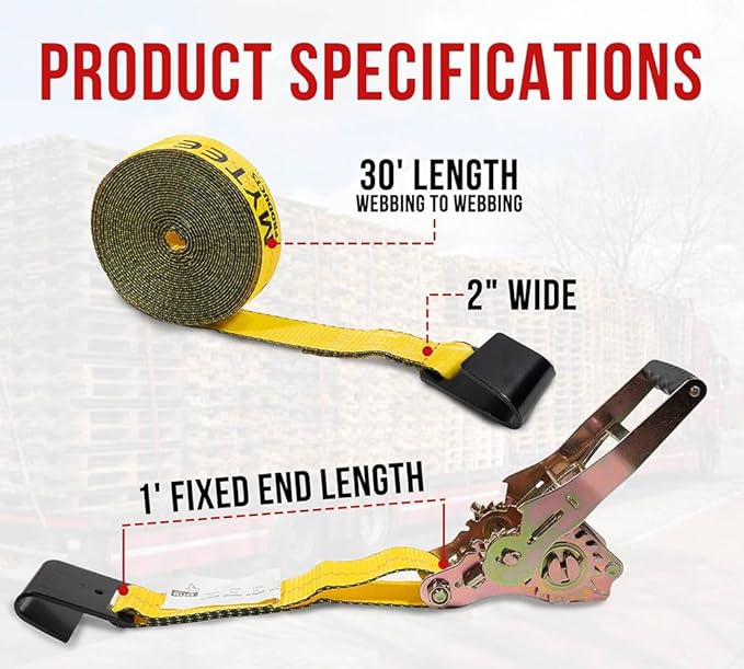 Mytee Products 10 Pack 2" x30' Self-Tensioning Ratchet Tie Down Straps with Flat Hooks - 3,333 Lbs WLL - Heavy Duty Tie Down Ratchet Straps for Flatbed, Truck, Trailers, Cargo, Pickup - Yellow