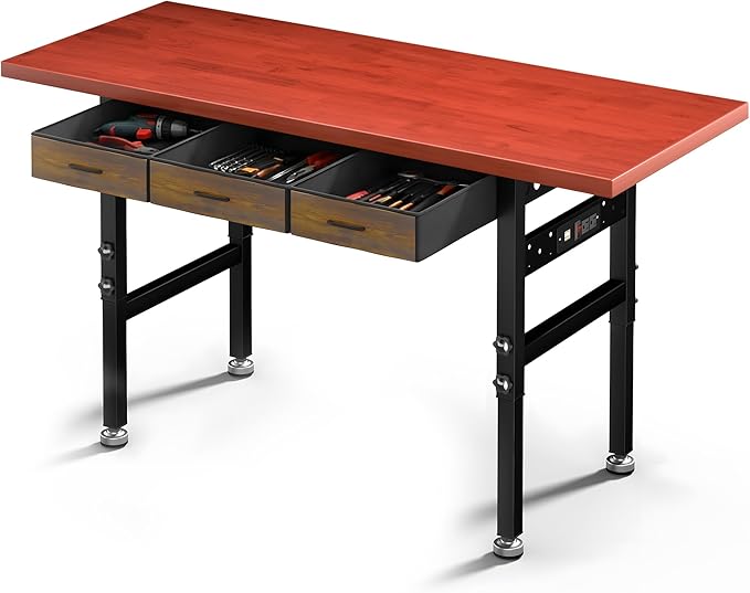 60in Adjustable Height Workbench Desk with Drawers,Power Outlets, Rubber Wood Top Heavy-Duty Work Table, 2000 LBS Load Capacity Work Station for Garage, Workshop, Office, Home