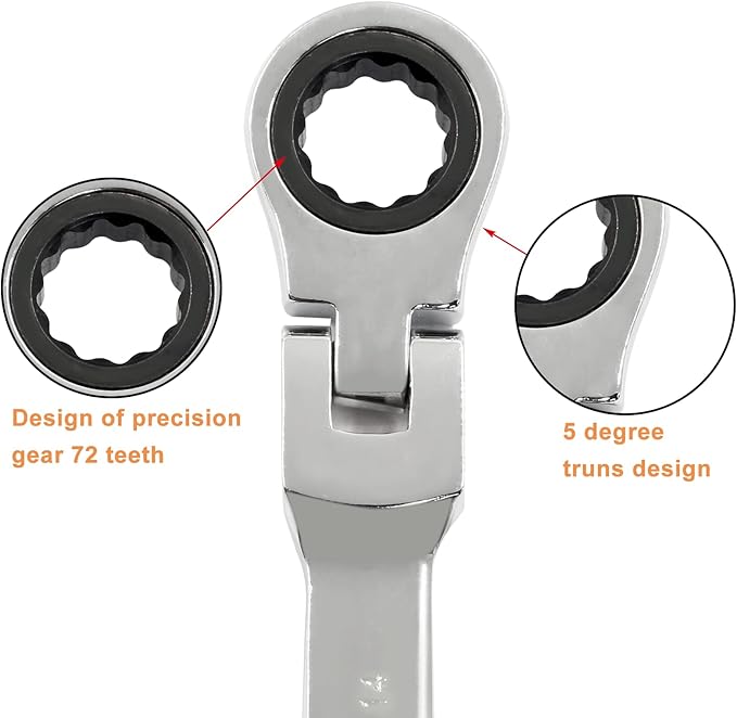 Piutouyar 14mm Flex-Head Ratcheting Wrench, Professional Metric Ratchet Wrench Combination Wrench Box Ended Spanner Tool for Projects Repair(5° Movement and 72 Teeth 12 Point, CR-V)