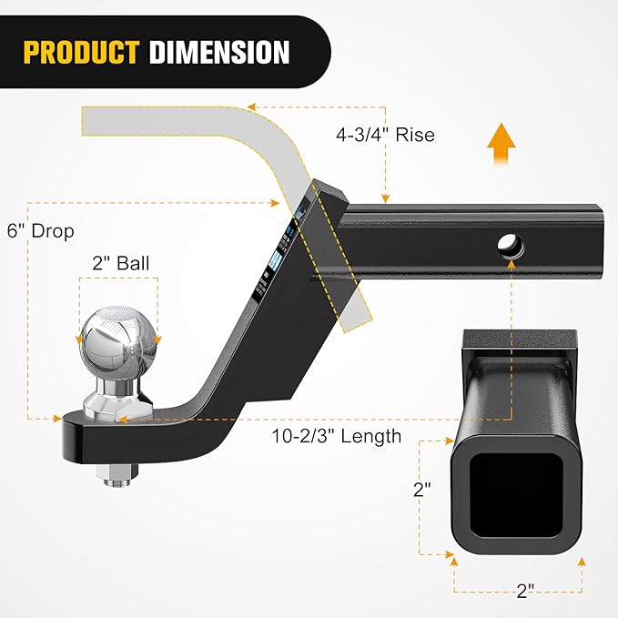 Nilight Trailer Hitch Ball Mount with 2 Inch Trailer Ball & 5/8" Hitch Pin Clip Fits 2 Inch Receiver Square 7500 lbs 6" Drop, 4-3/4” Rise, 1” Hole, Gloss Black Powder Coat