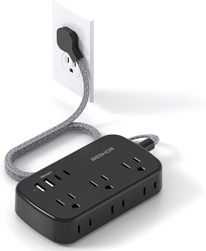 Black Extension Cord 10 ft, BESHON Flat Plug Power Strip with USB C, Ultra Thin Flat Plug Extension Cord - 6 Outlets with 4 USB Ports(2 USB C), Power Strip for Dorm Room Travel Essentials