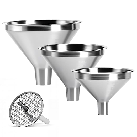 4-Piece Stainless Steel Kitchen Funnel Set, Includes 3 Funnel Sizes and 1 Strainer. Ideal for transferring seasonings, Oils, Liquids, Dry Goods and Powders. Durable and Easy to Clean.