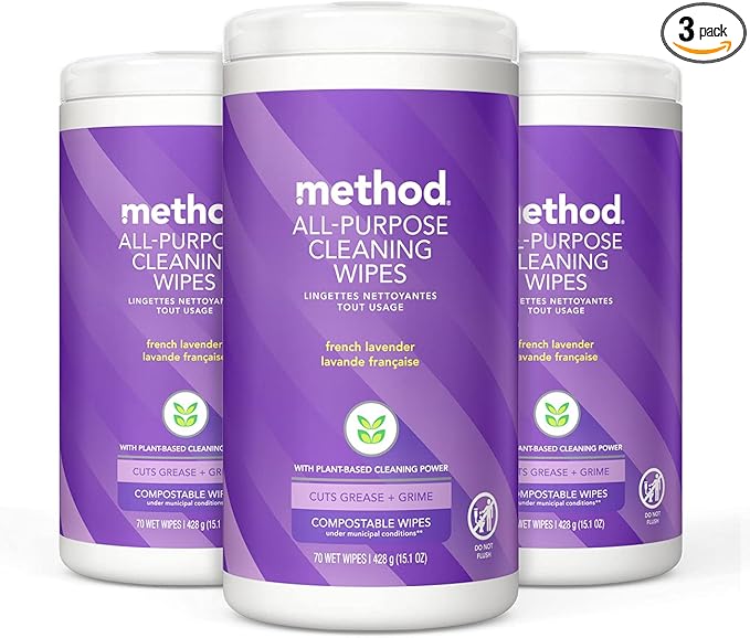 Method All-Purpose Cleaning Wipes, French Lavender, Multi-Surface, Compostable, 70 Count, (Pack of 3)