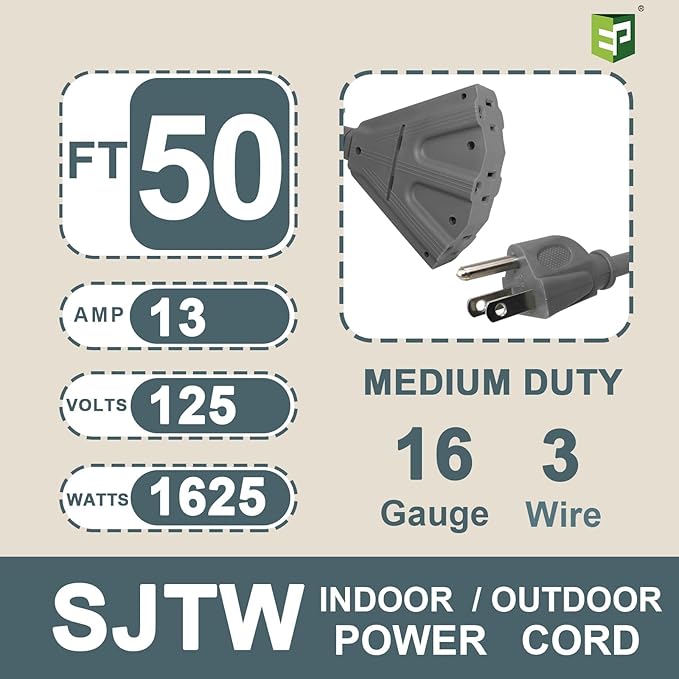 EP 50 Ft Outdoor Extension Cord with 3 Electrical Power Outlets - 16/3 SJTW Grey Cable with 3 Prong Grounded Plug for Safety Great for Christmas Lights, Garden and Major Appliances