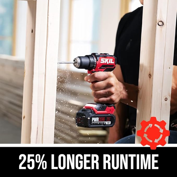 SKIL PWR CORE 20 Brushless 20V Compact Variable-Speed Drill Driver Kit with 1/2-Inch Single-Sleeve, Keyless Ratcheting Chuck & LED Worklight, Includes 2.0Ah Battery and PWR Jump Charger - DL6293B-10