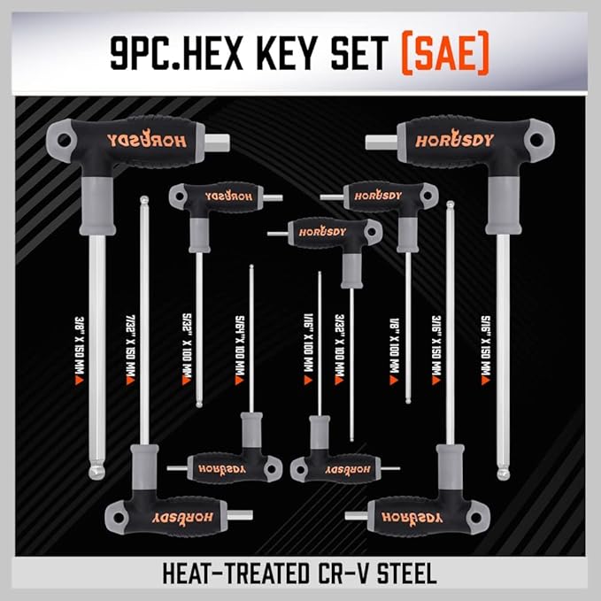 HORUSDY 18-Piece T-Handle allen wrench set, Inch/Metric Long Arm Ball End Hex Key Wrench Set, MM(1.5mm-10mm) SAE(1/16"-3/8")