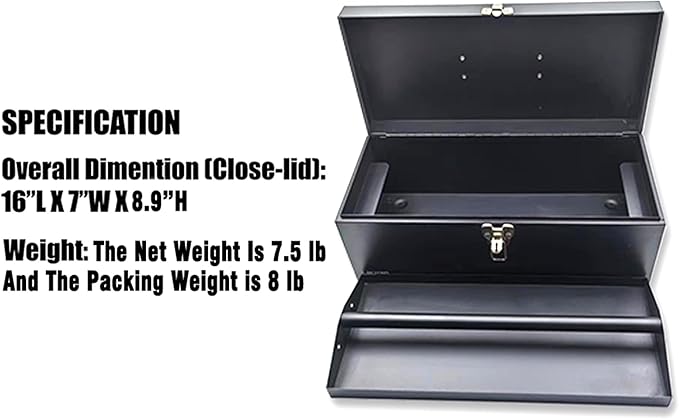 16" Portable Metal Toolbox Large Tool Box 18-Gauge Fishing Tackle Box Tool Box Drawer Organizer Steel Toolbox With Metal Latch and Handle Black