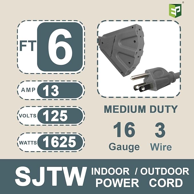 EP 6 Ft Outdoor Extension Cord with 3 Electrical Power Outlets - 16/3 SJTW Grey Cable with 3 Prong Grounded Plug for Safety Great for Christmas Lights, Garden and Major Appliances