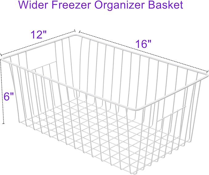16Lx12Wx6H inch Wider Freezer Organizer Baskets Container, Refrigerator Metal Wire Storage Bins with Handles for Kitchen, Pantry, Cabinet, Closets - Pearl White(3 Packs)