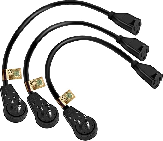 Nekteck 360° Rotating Flat Plug Extension Cord 1 Foot, 14AWG 3 Prong Extension Cord, Low Profile Right Angle Power Cord, Flat Extension Cord Grounded Wire, 15A - UL Certified, Black