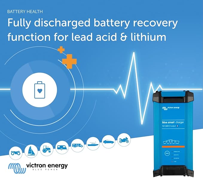 Victron Energy Blue Smart IP22 Smart Car Battery Charger 12V 20A, Float & Trickle Charger and Desulfator for Motorcycle, ATV, RV, Lithium and Deep Cycle Batteries