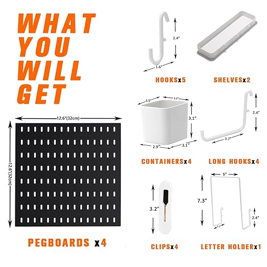 Peg Board Combination Kit, 4 Pegboards with 20 Accessories, Pegboard Wall Organizer for Office, Nursery & Home Storage, Key Holder, 25.6"x25.6" – Nail-Free Installation（Black）