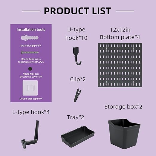 Pegboard Combination Wall Organizer Kit，4 Pegboards & 20 Accessories, Mount Display Pegboard Panel for Home Office, Gaming Room, Wall Storage,Crafts Organization,12''x12'' Each (Black)