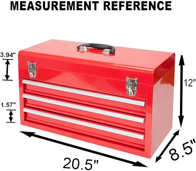 BIG RED ANTBD133-XB Torin 20.5" Portable 3 Drawer Steel Tool Box with Metal Latch Closure, Red
