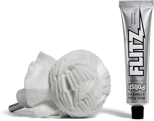 Flitz Buff Ball w/ 1.76oz Metal Polish Paste - 3in Drill Buffer Polisher Attachment for Any 3/8in Drill - Self-Cooling, Washable Polishing Ball to Buff, Shine, & Protect All Metals, Plastics (1 Pack)