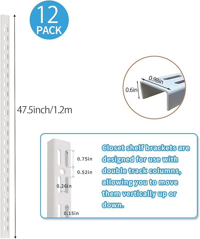 12‑Pack Dual‑Track Wall Shelf Rails – 47.5 in / 120 cm Heavy‑Duty Upright Standards for Adjustable Shelving in Pantries, Closets, Garages (White)