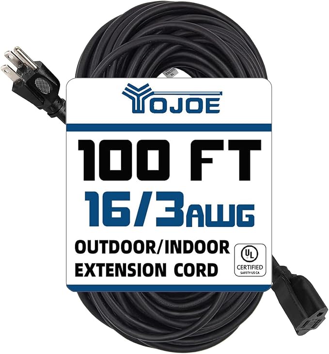 YOJOE Indoor Outdoor Extension Cord, 3 Prong 10A Weatherproof Power Cord, 16 Gauge Heavy Duty 100 ft Black Extension Cord for Garage, Garden and Home, 16/3 SJTW UL Listed