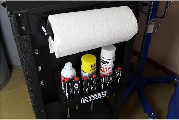K Tool International 72462A Magnetic Toolbox Shelf, Tray, and Holder Set for Garages, Repair Shops, and DIY, Rubber Coated Magnets, (2) Trays, (1) Paper Towel and Spray Can Holders, Black, 4-Piece