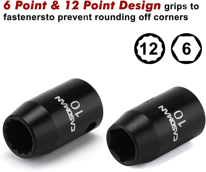 CASOMAN 10Piece Impact Socket Set-10mm, 1/4" & 3/8" Drive, Deep & Shallow, Metric, Black Phosphate Finish