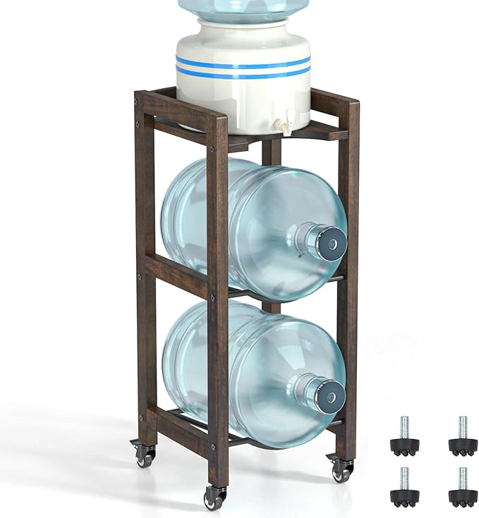 3-Tier 5 Gallon Water Jug Holder with Top Shelf – 4 Metal Wheels or Adjustable Feet – Natural Hardwood Water Dispenser Floor Stand – Wooden Organizer for Kitchen, Office, Garage – Space-Saving Design
