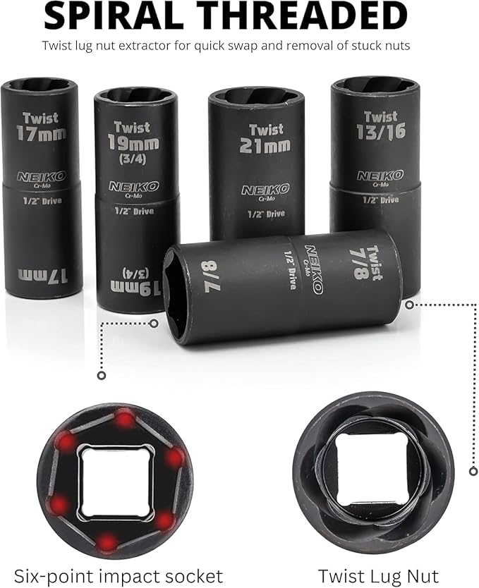 NEIKO 02340A Twist Socket Set, 6 Pc Lug Nut Extractor, SAE & Metric, 1/2 Inch Dr. Impact Flip, 6 Point, CR-Mo Steel Wheel, 3" Impact Extension Bar, Black