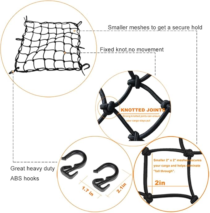 Black 15"x15" Motorcycle Cargo Net Featuring 6 Adjustable Hooks & Tight 2''x2'' Mesh Stretch up to 30'' x 30'' for Cargo Helmet net