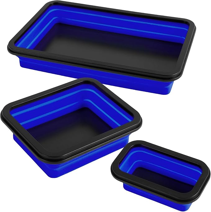Collapsible Magnetic Parts Tray Set of 3 Different Size, Foldable Silicone Tool Trays for Screws, Bolts, Nuts and Other Small Metal Parts (Blue)