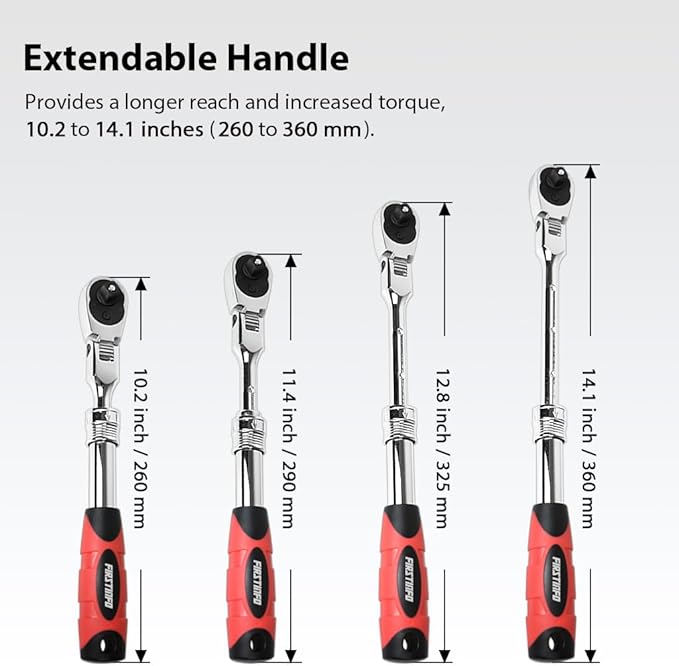 FIRSTINFO F3222NC 3/8-Inch Drive Locking & Flexible Extendable Ratchet Wrench Reversible, Soft-Grip with 72-Tooth Geared Action (Length: 10.2 to 14.1 inches)