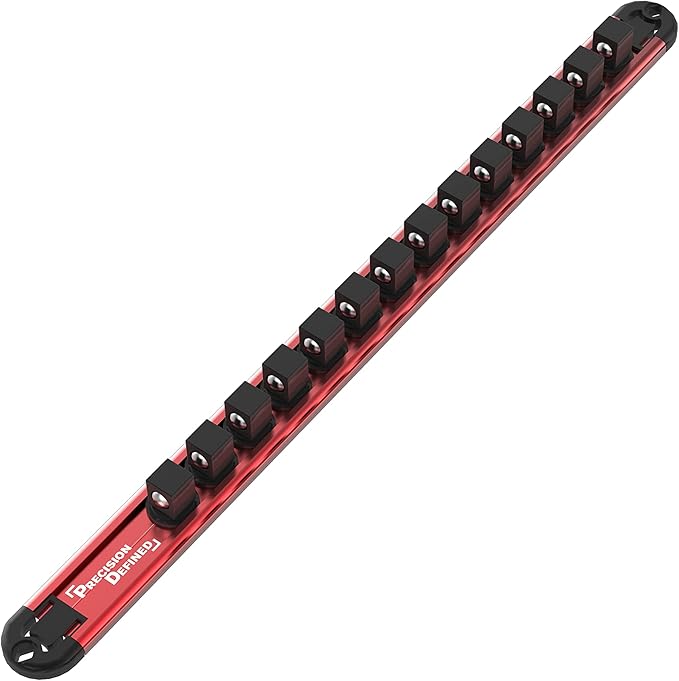 Precision Defined Aluminum Tool Holder | Red Single 1/2-Inch Socket Organizer x 14 Clips | Heavy Duty Rotating Socket Tray