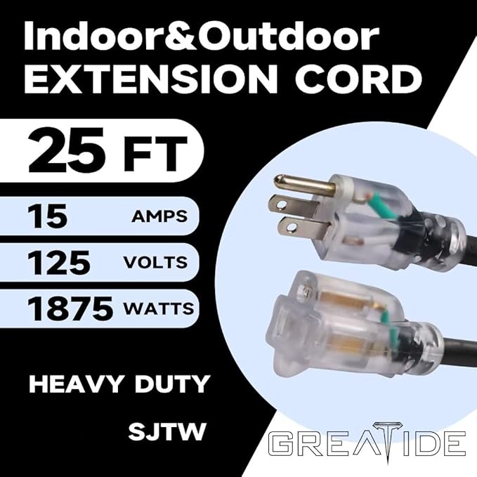 Outdoor Extension Cord with Lighted End, 12 Gauge Heavy Duty 25 FT, 3 Prong Grounded 15 Amp Extension Cord, 12/3 SJTW Waterproof Power Cord for Appliance, UL Listed, Black