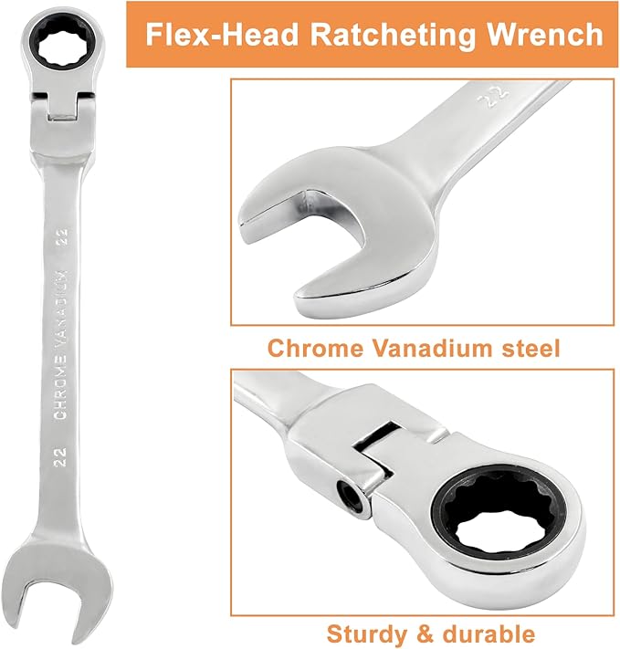 Piutouyar 22mm Flex-Head Ratcheting Wrench, Professional Metric Ratchet Wrench Combination Wrench Box Ended Spanner Tool for Projects Repair(5° Movement and 72 Teeth 12 Point, CR-V)