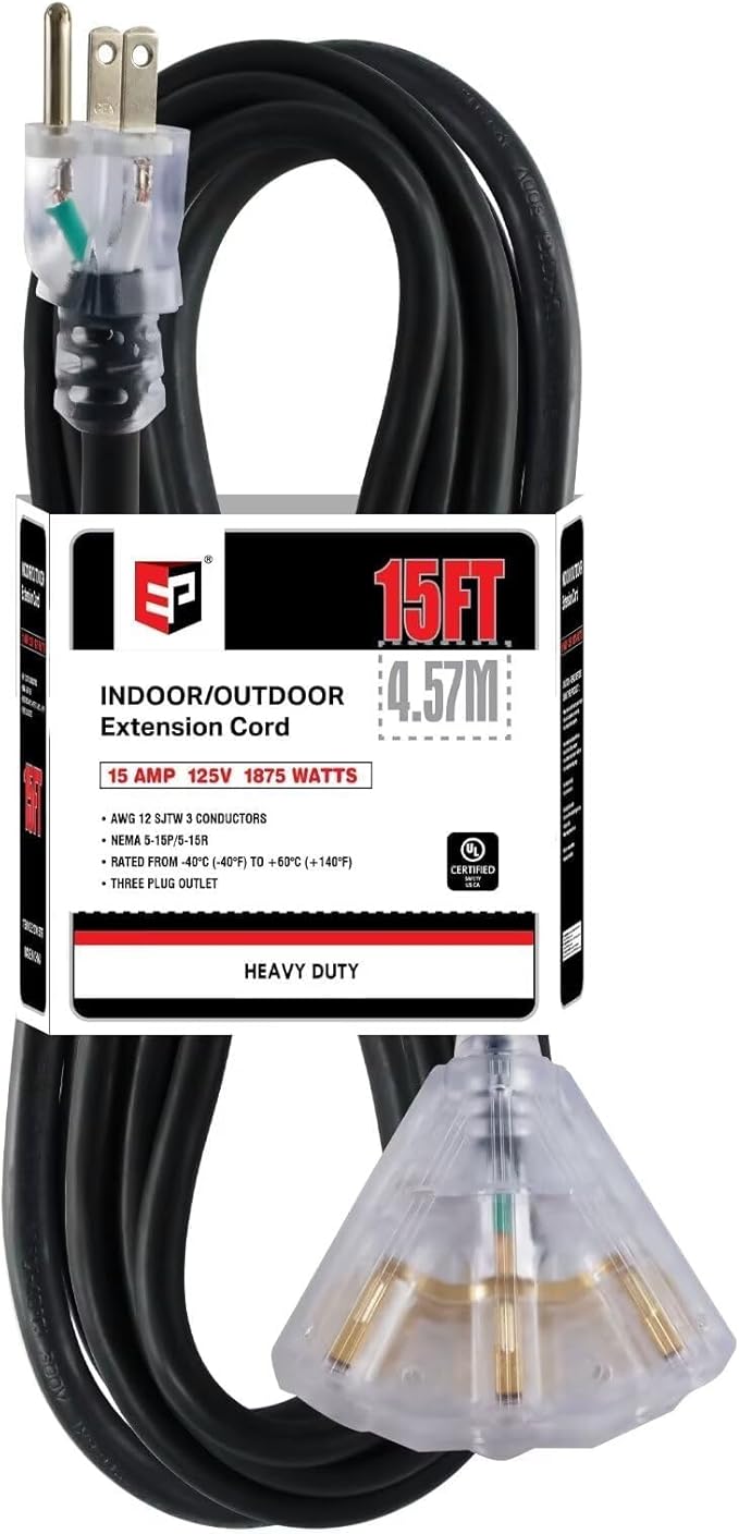 EP 15 Ft 12 Gauge Heavy Duty Extension Cord, 15A 125V 1875W, 3 Outlet Indoor/Outdoor Power Cord with Lighted End, 12/3 SJTW Weatherproof Black