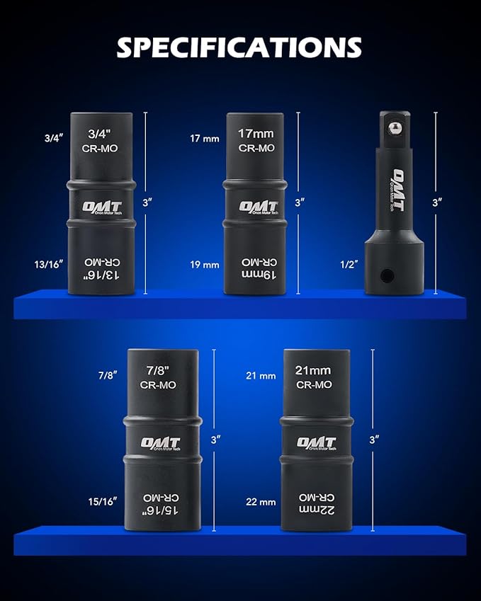 Orion Motor Tech Lug Nut Socket Set, 5pc 1/2" Drive Impact Flip Socket Set with Metric 17 19 21 22 mm & SAE 3/4 13/16 7/8 15/16 in. Sockets, Double Ended Thin Wall Nut Sockets with 3" Extension Bar