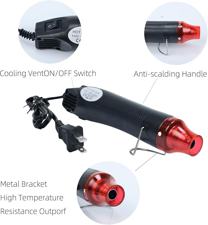 Heat Gun, 110V 300W Handed Hot Air Gun for Crafting, 3.28FT Ultra-Long Cable Portable Heat Gun with Stand and Power Cord for Shrinking Wrapping PVC, DIY Embossing and Drying Paint (Black)