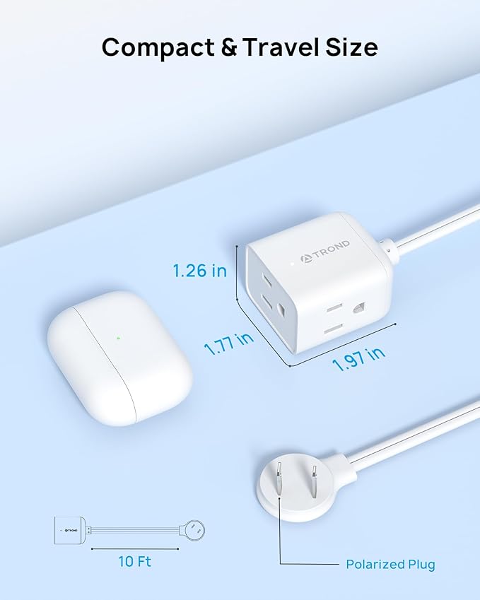 TROND Indoor 2 Prong to 3 Prong Extension Cord - Polarized Flat Plug 3 Outlet Extension 10ft, 16 Gauge Cable, 1625W for Non-Ground Socket in Old House School Home Office Kitchen Dorm Room, White