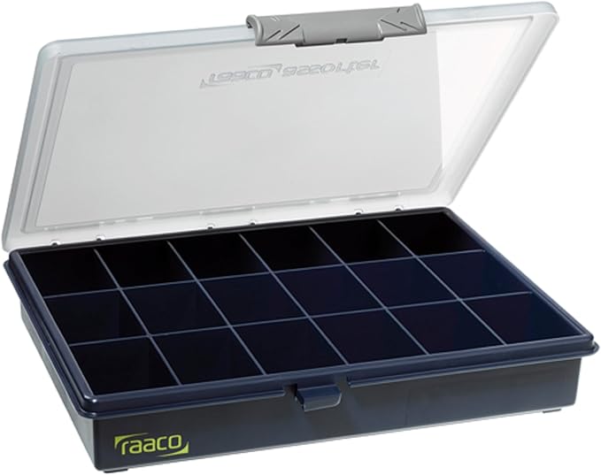 Raaco Assorter Tool Box Organizer – Medium – 18 Slots Fixed Grid with Semi-Transparent Lid, Polypropylene (PP) Storage Box for Screws, Nuts and Bolts, Small Parts & Hardware (Assorter 5-18)