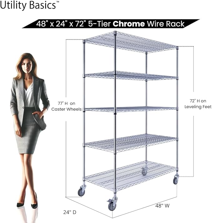 NSF Commercial 5-Tier Wire Shelving with Wheels, 48"x24"x72" Heavy Duty Metal Shelves 4000 lbs Max Capacity, Chrome Storage Rack for Garage Kitchen Pantry Warehouse