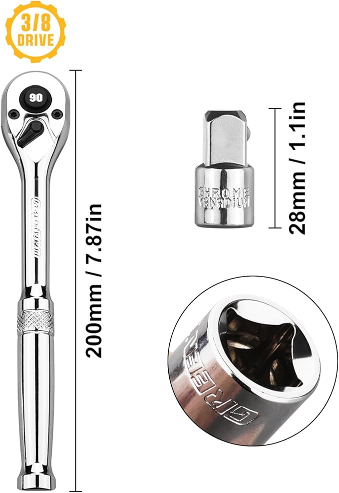3/8 Ratchet Socket Wrench, 90-Tooth Reversible Mini Ratchet Wrench with Adapter, Quick Release, Full Polished Ratchets, Chrome Alloy Made 3/8 inch Small Socket Wrench Set