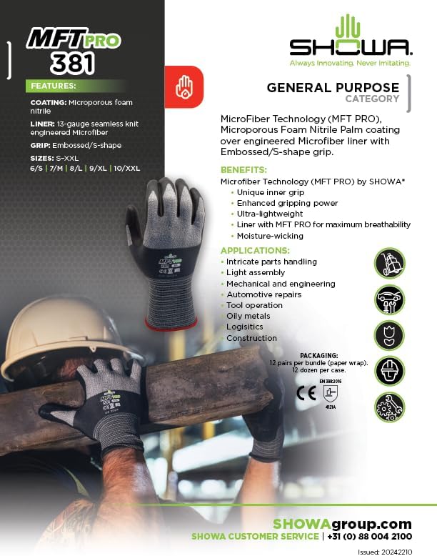 SHOWA MFT Pro 381 Microfiber Work Gloves with Oil-Resistant Foam Nitrile Palm Coating, Latex-Free, Mechanics Glove, Black, Large, 12-Pack