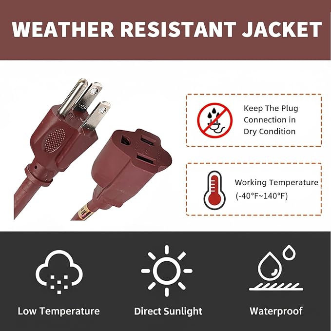 12FT Brown Outdoor Extension Cord-16/3 SJTW Durable Extension Cord for Christmas Lights with 3 Prong Grounded Plug, Great for Outside Christmas Decorations
