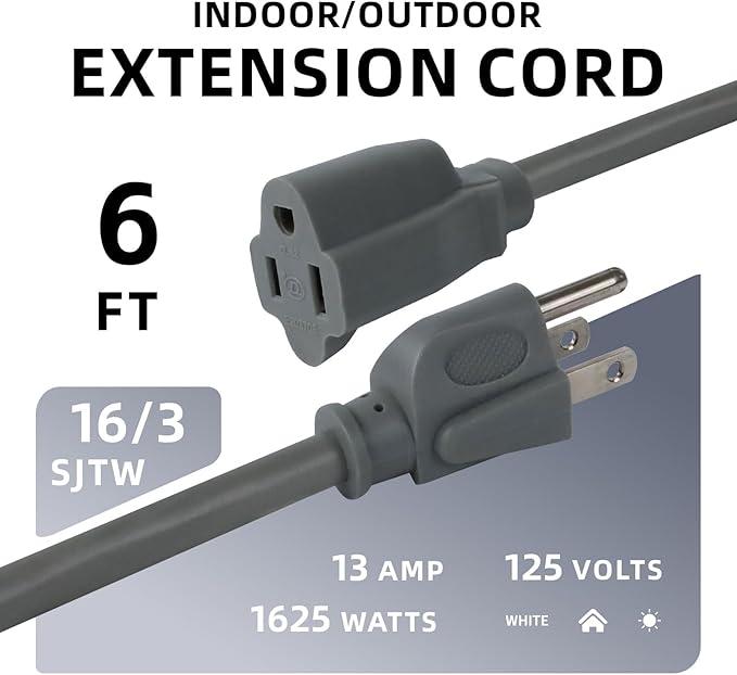 EP 2 Pack 6 Ft Outdoor Extension Cord, 16/3 SJTW Heavy Duty Power Cord, 3 Prong Grounded Plug, Waterproof, Cold-Resistant, 13A 1625W, Ideal for Indoor, Garden, Lawn, and Home Use Gray