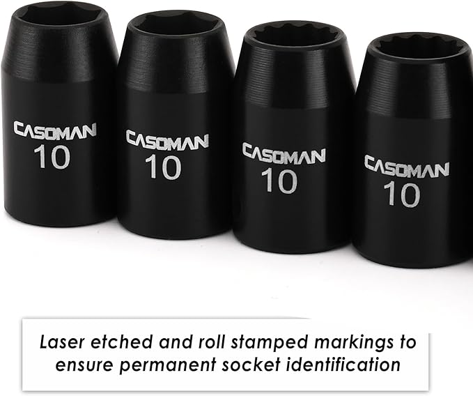 CASOMAN 10Piece Impact Socket Set-10mm, 1/4" & 3/8" Drive, Deep & Shallow, Metric, Black Phosphate Finish