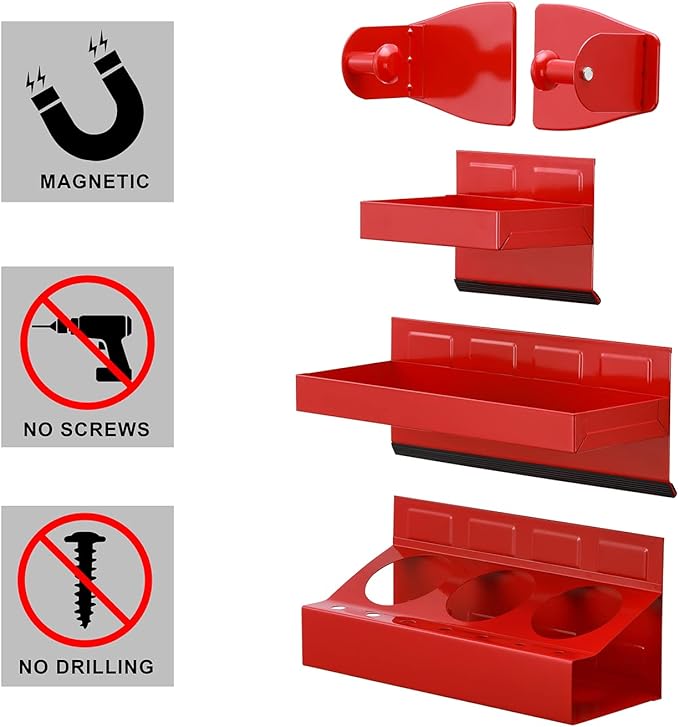 EMENTOL 4PCS Magnetic Tool Shelf Set, Tray, Paper Towel Holder, for Tool Organizer, Magnets Any Metal Surface, Red