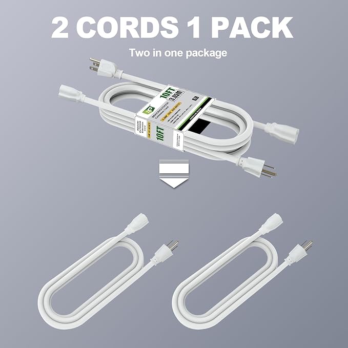 EP 2 Pack 10 Ft Outdoor Extension Cord - 16/3 SJTW White Electrical Cable with 3 Prong Grounded Plug