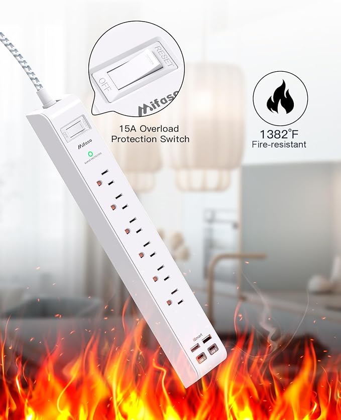 Surge Protector Power Strip 15 ft with 4 USB Ports 2 USB-C 6 AC Outlets, Flat Plug Extension Cord, USB Charging Station, Wall Mountable for Home, Office, Dorm Essentials, 1080J, ETL Listed
